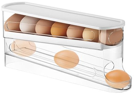 Portauova – Portauova per frigorifero | Dispenser per uova da frigorifero | Design a doppio strato a scorrimento automatico, dispenser per uova salvaspazio con coperchio per cucina, dispenser per uova