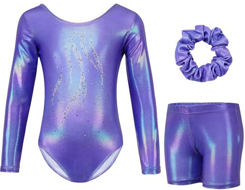 Gogokids Tuta da ginnastica a tre pezzi, a maniche lunghe, set da ginnastica con pantaloncini e fascia per capelli, maglia glitterata per danza classica, con design sfumato per 3-12 anni, viola scuro,