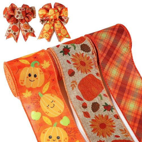 3stk Schleifenband Herbst, 5,49m Geschenkband Herbst Set Herbst Dekoband Thanksgiving Dekoband für Thanksgiving Kranzschleifenherstellung Geschenkverpackung DIY-Basteln