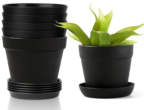 thirei Blumentöpfe, 6er Set Plastik Übertopf Kräutertopf, 8,8cm Kunststoff Blumentopf mit Untersetzer, Rund Pflanzkübel, Blumentöpfe Innen Übertopf, für Innen und Balkon Sukkulenten Kaktus, Schwarz