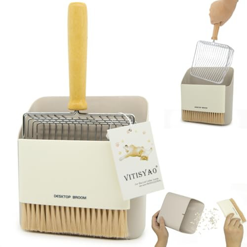 Vitisyao Cuchara de arena para gatos con soporte, levantador de excrementos de gatito de acero inoxidable, recogedor portátil, cepillo de limpieza, pala de tamizado rápido para cajas de arena para