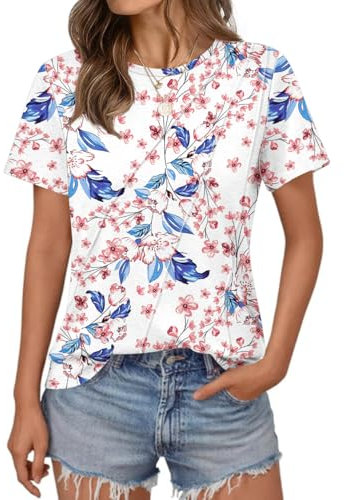 EFFAN Womens Summer Pleated Floral Tops Short Sleeve Cute Casual T-Shirts Ladies Dressy Loose Fit Blouses, White Floral, XL