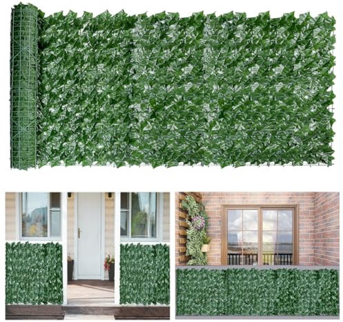 Clôture de lierre artificielle 1m x 3M,clôture décorative jardin lierre écran haie rouleau,Terrasse barrière d'écran de confidentialité de balcon de feuille pour la terrasse (Vert foncé)