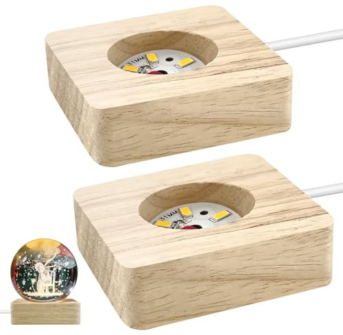 teashow 2Pack Wooden LED Light Base Crystal Glass Light Display Base Stand Square Desktop Display Base Stand Ornament Powered by USB for Crystal Ball Jewelry Glass Resin Art, Warm Light