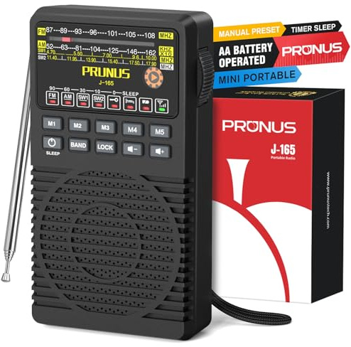 PRUNUS J-165 FM/AM/SW Radio Batteriebetrieben, Manuelle Senderspeicher 1-5 | Transistorradio Weltempfänger Radio mit großartiger Empfang, Sleep-Timer, Taschenradio mit Rückclip, zum Wandern, Reisen.