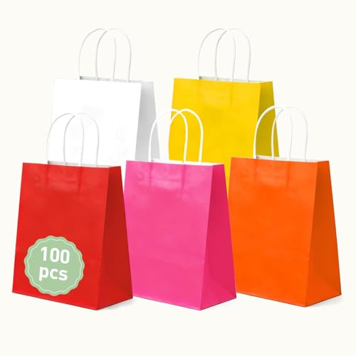 Crisgus 100 Klein Kraft- Geschenktütenmit Henkel 5 Farben 15 x 8 x 21 cm | Bunte Kleine Kraft-Papiertüten mit Henkel für DIY Adventskalender, Hochzeiten, Verpackungen, Partys und Weihnachten