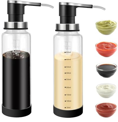 UCFBWO Distributeur de Sauce & Pompe Sirop (Lot de 2). Miel Inox 500ml | Tête de pompe en acier inoxydable antirouille. Dosage précis (8ml) . Idéal pour sauces, sirops et huiles.