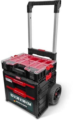 XL Werkzeugtrolley Qbrick System Werkstattwagen Set mit Rollen (SET 16) | Werkzeugkoffer mit viel Zubehör, 53 x 38 x 98 cm, mobiler Werkstattkoffer für Privat und Gewerbe