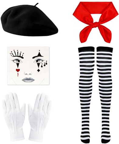 Pantomime Kostüm Damen Herren, Accessoires Pantomime Baskenmütze Schwarz, Gesichtstattoo, Tuch Rot, Handschuhe, Strümpfe Schwarz Weiß Gestreift für Damen Fasching Karneval Halloween Mottoparty Kostüm