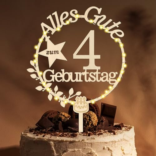 Giftota Cake Topper 4. Geburtstag Deko Junge Mädchen mit LED Lichterkette
