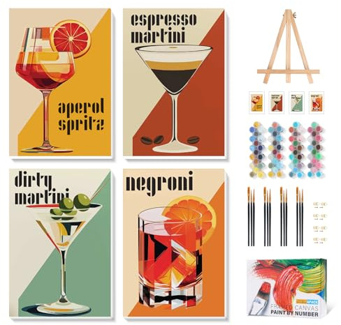 4 Stück Malen nach Zahlen Set Erwachsene mit Rahmen und Staffelei, Cocktail | 20x30cm, DIY Acrylmalerei Set, Einfache Gestaltung, Für Anfänger und Erwachsene, Ideal als Geschenk und Wanddeko