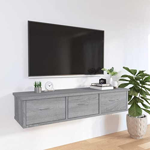 Zeehear Wandschrank Grau Sonoma 88x26x18,5 cm, Holzwerkstoff, Hängeschrank mit 3 Schubladen, schwebendes Wandregal, Stauraum für Wohnzimmer, Schlafzimmer, Küche
