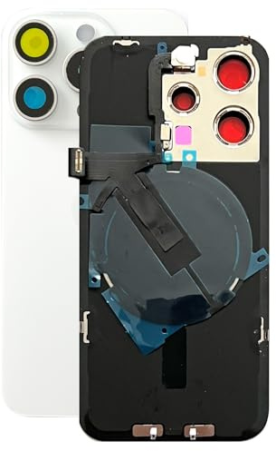 SVV Backcover, Akkudeckel passend für iPhone 15 Pro Serie. 15Pro Vormontiert : mit QI/NFC Flexkabel, Magnet, Metallträger, Kameraringe, etc. Genau wie auf das Foto. Ersatzrückglas. OEM (Weiß)