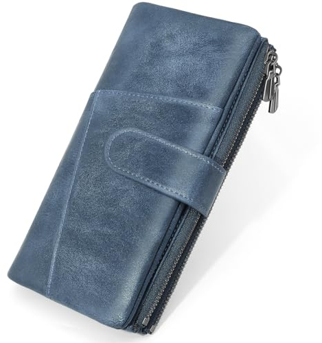 REETEE Geldbörse Damen Groß PU Leder Portemonnaie Damen im Langformat Geldbeutel Frauen RFID Blockierung Portmonee Damen mit Groß Reißverschluss Münzfach Viele Fächer und 23 Kartenfächer (Blau)
