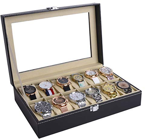 Autoark Scatola Porta Orologi Custodia per 12 Orologi,in Pelle,Vetro Trasparente,Nero,AWU-022