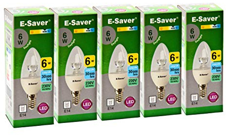 E-Saver - LED C37 Clear Candle 6w- Led Light Bulbs - (Pack of 5) - Daylight 6500k - E14 - Small Edition Screw (SES) - Replaces 60w Halogen Candles - New Chip Technology - Non Dimmable