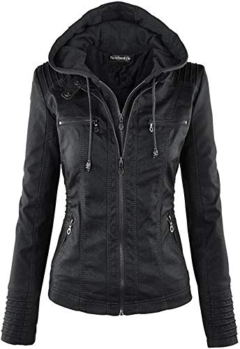 Newbestyle Faux Leather Jacket for Women Hooded Moto Biker Jacket Full-zip Long Sleeve Outwear Tops Black XL