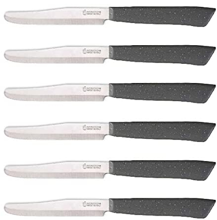 Tredoni 6 Kitchen Knives - 11cm Italian Stainless Steel Serrated Vegetable/Steak/Table Knife Cutlery, Rounded Tip (Stone Grey)