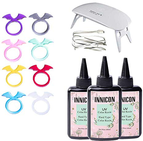 INNICON Farbiges UV-Harz Casting Gel Kleber Set für DIY Design Muold Anhänger Ohrringe Armbänder Basteln, kein Pigment zum Mischen erforderlich, 300 ml, Wählen Sie 3 beliebige Farben, mit Lampe