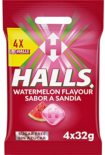 HALLS Caramelos Duros Sabor Sandía, sin Azúcar y con Vitamina C, Multicolor, 32 g (Paquete de 4)