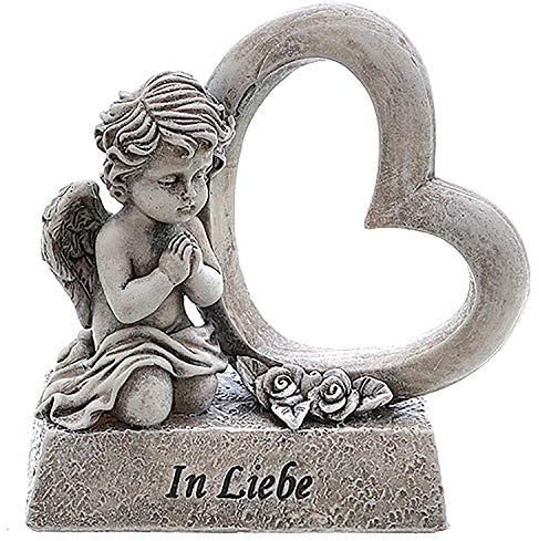 Annastore Besinnliche Grabdeko zur Erinnerung, frostfest und witterungsbeständig Grabschmuck - Grabfigur - Friedhof Deko Farbe Engel mit Herz H 10,5 cm