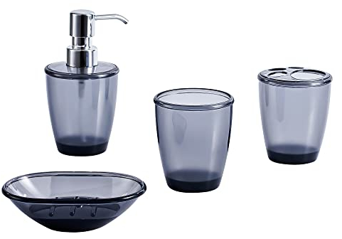 Novel Solutions Modern Smokey Grey Acrylic Bathroom Accessories 4Piece Set -Soap Dispenser, Toothbrush Holder, Tumbler and Soap Dish
