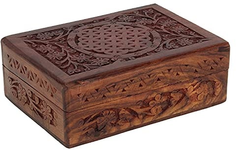 Ajuny Handgeschnitzte Dekorative Schmuck Aufbewahrungsbox aus Holz mit Blumenmuster Mehrzweck Schatztruhe Andenken Organizer Halsketten Uhrenboxen Ideal für Geschenke 7x5 Zoll