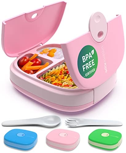 Umami Kids Lunch Box with Cutlery, Leak-Proof, Durable, Bento-Style, 3 Big Compartments, Ideal Portion Sizes for Ages 3 to 9, for Daycare Boys and Girls, BPA-Free, Microwave & Dishwasher Safe (Pink)