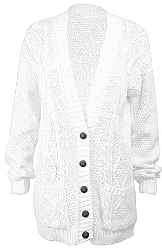 LUXE DIVA New Womens Everyday Long Sleeve Button Top Ladies Chunky Aran Cable Knit Grandad Cardigan UK Size 8-26 White