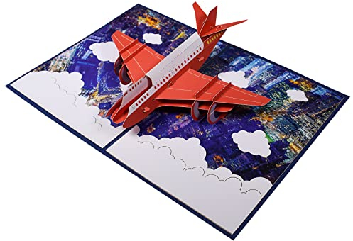 Magic Ants Hochwertige 3D Pop-Up Grußkarte mit rotem Flugzeug – Detailreiche Flugzeug-Szene im wolkigen Himmel, für Luftfahrt-Fans, Reisen und besondere Anlässe