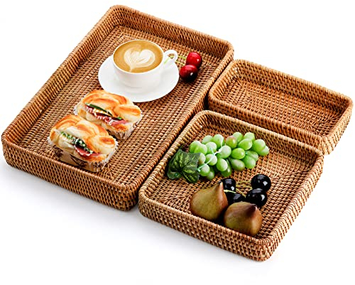Hacaroa 3 Pack Rectangular Rattan Serving Tray, Hand Woven Wicker Basket Decorative Nesting Trays, Natural Weaving Storage Basket Tray Organizing Platter for Bread, Fruit, Drinks, Snack, 3 Sizes