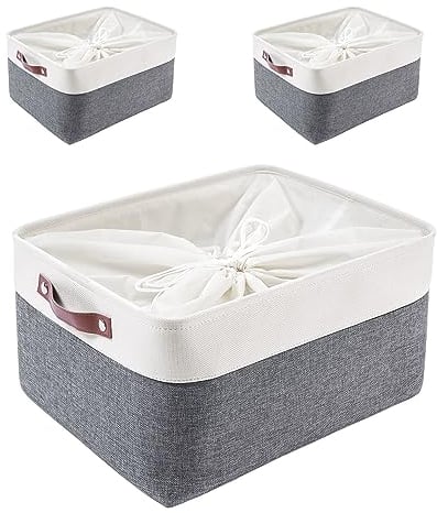 MANGATA XXL Fabric Storage Basket, Pack of 3 Fabric Storage Boxes with Drawstring, for Closet Wardrobe Home(XXLarge, Cold Grey)