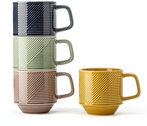 Adewnest Set di tazze da caffè impilabili, in ceramica, da 370 ml, per cappuccino, latte, tè, adatte al microonde, per casa e ufficio, 4 pezzi, 4 colori assortiti