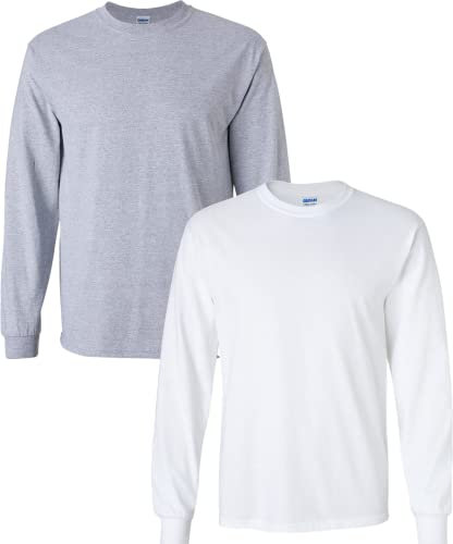 Gildan Mens Ultra Cotton Long Sleeve T-Shirt, Style G2400, Multipack, Sport Grey/White (2-pack), S