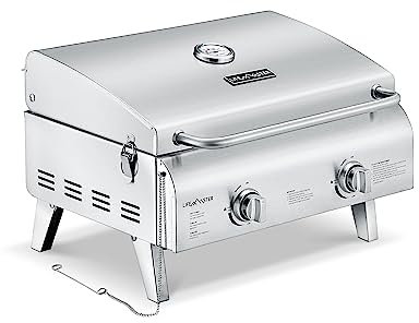 Barbecue portatile da tavolo, in acciaio inox, a gas propano per campeggio e attività all'aperto, 2 fuochi, potenza 20.000 BTU, gambe pieghevoli, coperchio antivento, facile da pulire, colore: argento