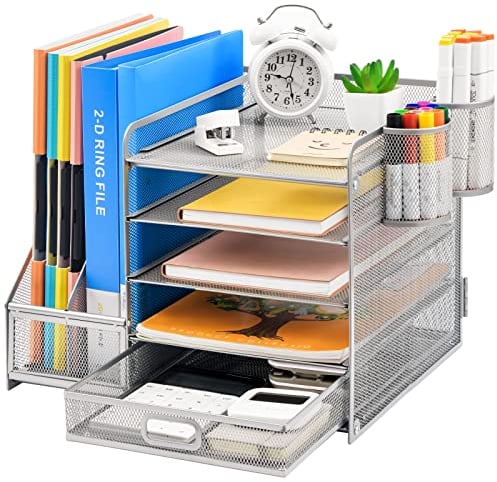Marbrasse Schreibtisch Organizer mit Aktenhalter,5Tier Briefablage Ablagefächer mit Schublade und 2 Stifthalter,Mesh Desktop Schreibtisch mit Zeitschriftenhalter für Bürobedarf(Silber)