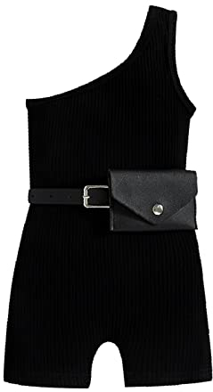 DYKeWei Ärmelloser Strampler für Kleinkinder, gerippt, schulterfrei, Overall, Gürtel, Gürteltasche, Outfits Kleinkind Kleid (Black, 2-3 Years)