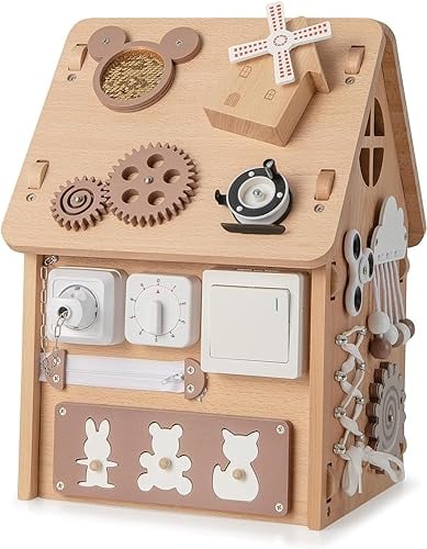 DREAMADE Großer Motorikspielzeug für Kinder ab 3 Jahre, Kinderspielhaus aus Holz mit 23 Zubehörteilen & Stauraum, Lernspielzeug zur Förderung der Feinmotorik, 31 x 30 x 42cm