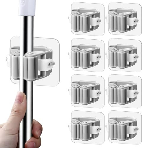 Brelet 8 Pezzi Portaspazzole Autoadesivo da Muro, Porta Scope Autoadesiva da Parete Senza Pugni, Portascope da Muro, Ganci per Scope da Muro per Bagno, Cucina, Garage(Grigio)