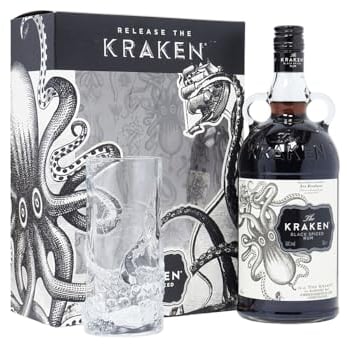 Kraken Black Spiced Rum Gift set with Vessel Glass (1litre Bottle) - Spirits Alcohol Offers Rum Deals of the Day, Alcohol Gift Set for Her, For Him, Birthday Christmas Anniversary