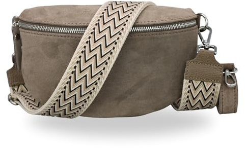 BRISE Bauchtasche Damen Echtes Wildleder SAHEL Handgemachte Umhängetasche Crossbody Bag Hüfttasche mit Ledergurt + Optionalen Breiten Gemusterten Riemen Gürteltasche Made in Italy (Dunkeltaupe 2)