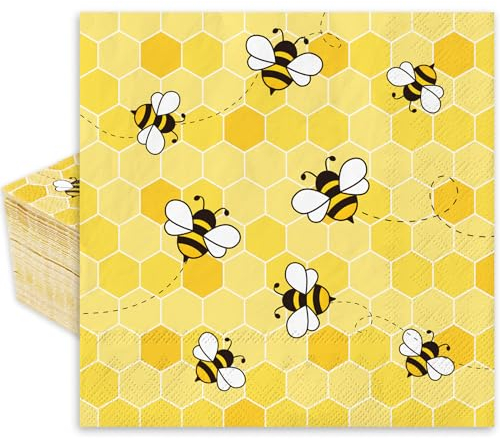 Whaline Bee Cocktail-Servietten, gelbe Biene, Waben, Einweg-Papierservietten, Sommer-Getränke-Servietten für Bienentag, Partyzubehör, Getränke-Tischdekoration, 80 Stück (12,7 cm)