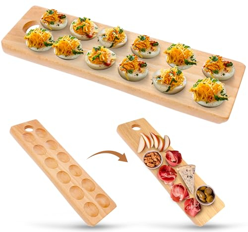 Namre' Wooden Deviled Egg Tray 12 Holes, 17 x 4in - Reversible Deviled Egg Platter & Charcuterie Board - Premium Quality Ideal for Easter - Cutting Board Serving Tray with Deviled Egg Recipes