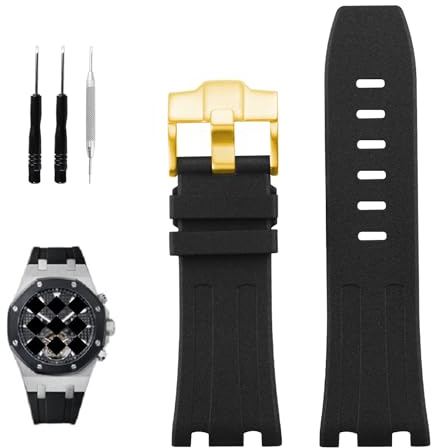 XIW Ersatz-Gummi-Uhrenarmband für Herren, kompatibel mit 28 mm Audemars Piguet AP Royal Oak Offshore-Uhr 15703, 15710, 15400, 26470, 26400, Gummi-Uhrenarmband, goldene Schnalle