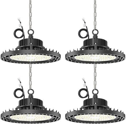 LANGY 4 Stück 200W LED UFO Hochregallampe 6500K Tageslichtweiß 30000LM Werkstattbeleuchtung Gewerbeshop Industrie IP65 Wasserdichte Lampe mit 1,5 m Kabel, 50 cm Kette & Sicherheitsseil