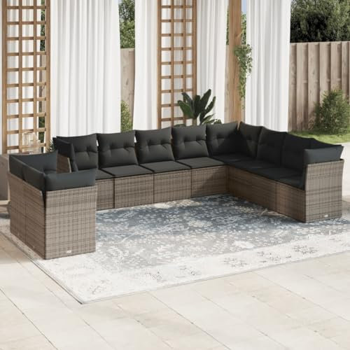 ULUYYUC 10-TLG. Garten-Sofagarnitur, Schlafsessel Mit Bettfunktion Terrassenmöbel Balkonmöbel Polsterbank Geeignet für Garten Hinterhof Außenbereich Balkon mit Kissen Grau Poly Rattan
