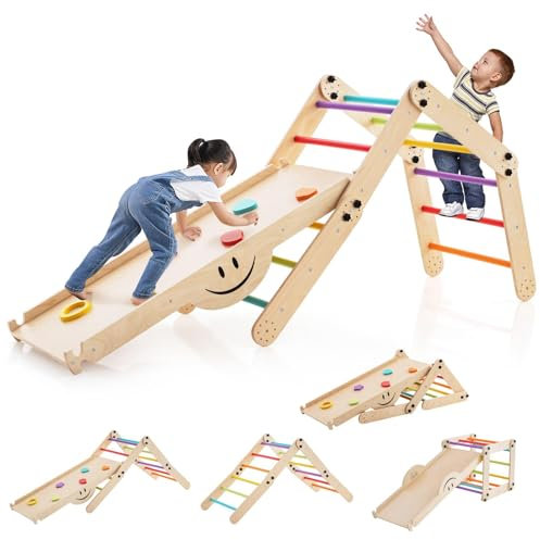 HOMASIS 5-in-1 Kletterdreieck Indoor, Klettergerüst mit Rampe Rutsche Leiter Wippe, verstellbar Baby Kinder Klettern Holz, multifunktional Spielplatz, Kletterbogen ab 3 Jahren (Modell 1, Bunt)