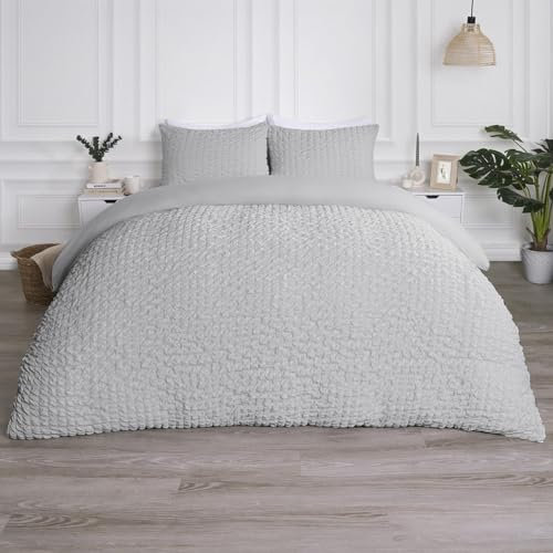 OHS Superking Seersucker Duvets Sets, Waffle Bedding Embossed Superking Duvet Cover Quilted Geometric Luxury Super Soft Bed Covers with Pillowcases, Grey