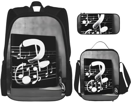 HJLUUFT Black White Music Note Practical 3pcs Backpack Set â€“ Large School Bag With Lunch Box And Pencil Case For Students,Backpack And Lunch Box Set
