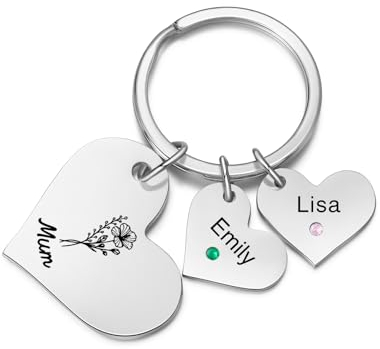 Glooraca Personalisierter Schlüsselanhänger für Mütter, mit Geburtsblume, personalisierbar, Geburtsstein, Herz, Namens-Schlüsselanhänger, Geschenke für Frauen, Mutter, Oma, 2 Namen, One size
